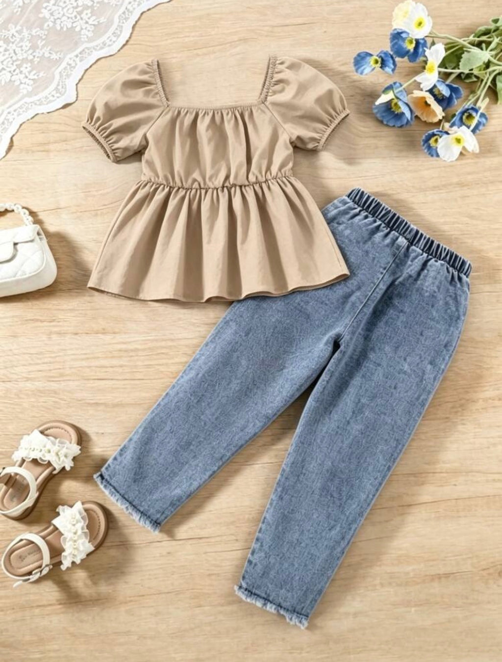 Conjunto de blusa y jean con lazo marron