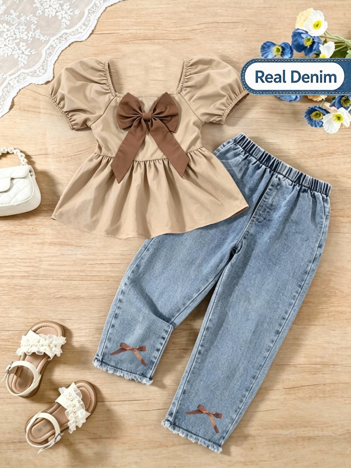 Conjunto de blusa y jean con lazo marron