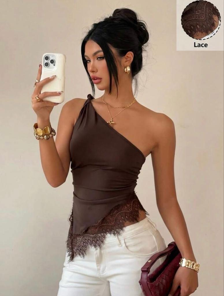 Top marron encaje asimetrico