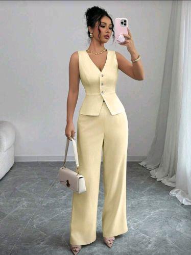 Conjunto de chaleco largo amarillo L pastel